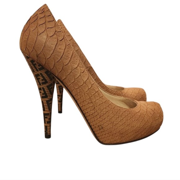 Fendi Shoes Womens 36.5 Tan Leather Embossed Python FF Heel Platform Pump US 6.5 - Picture 5 of 13